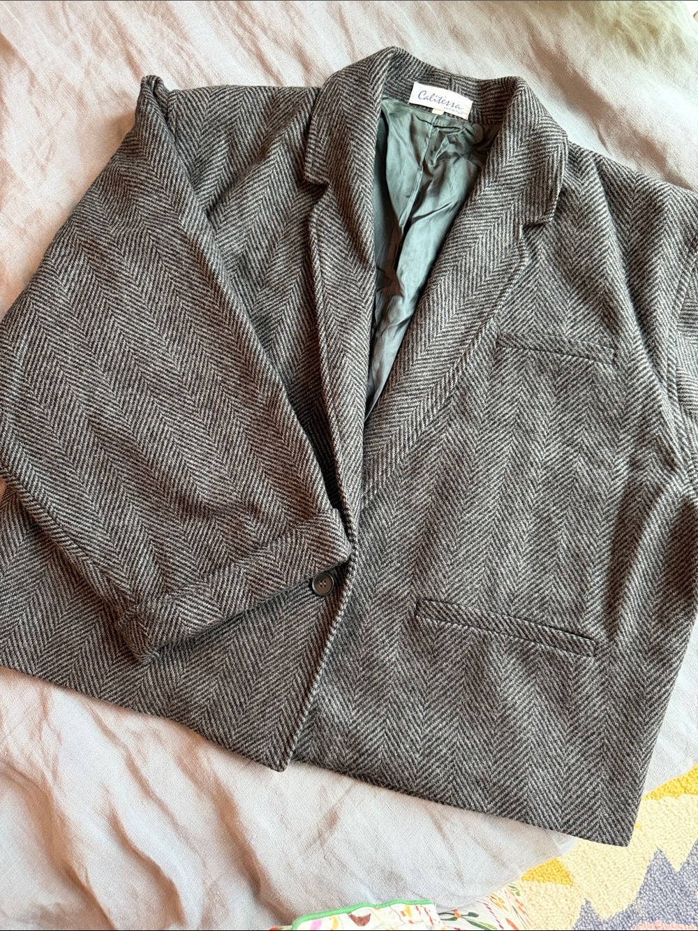 Oversized Boxy Herringbone Single-Button Blazer Jacket